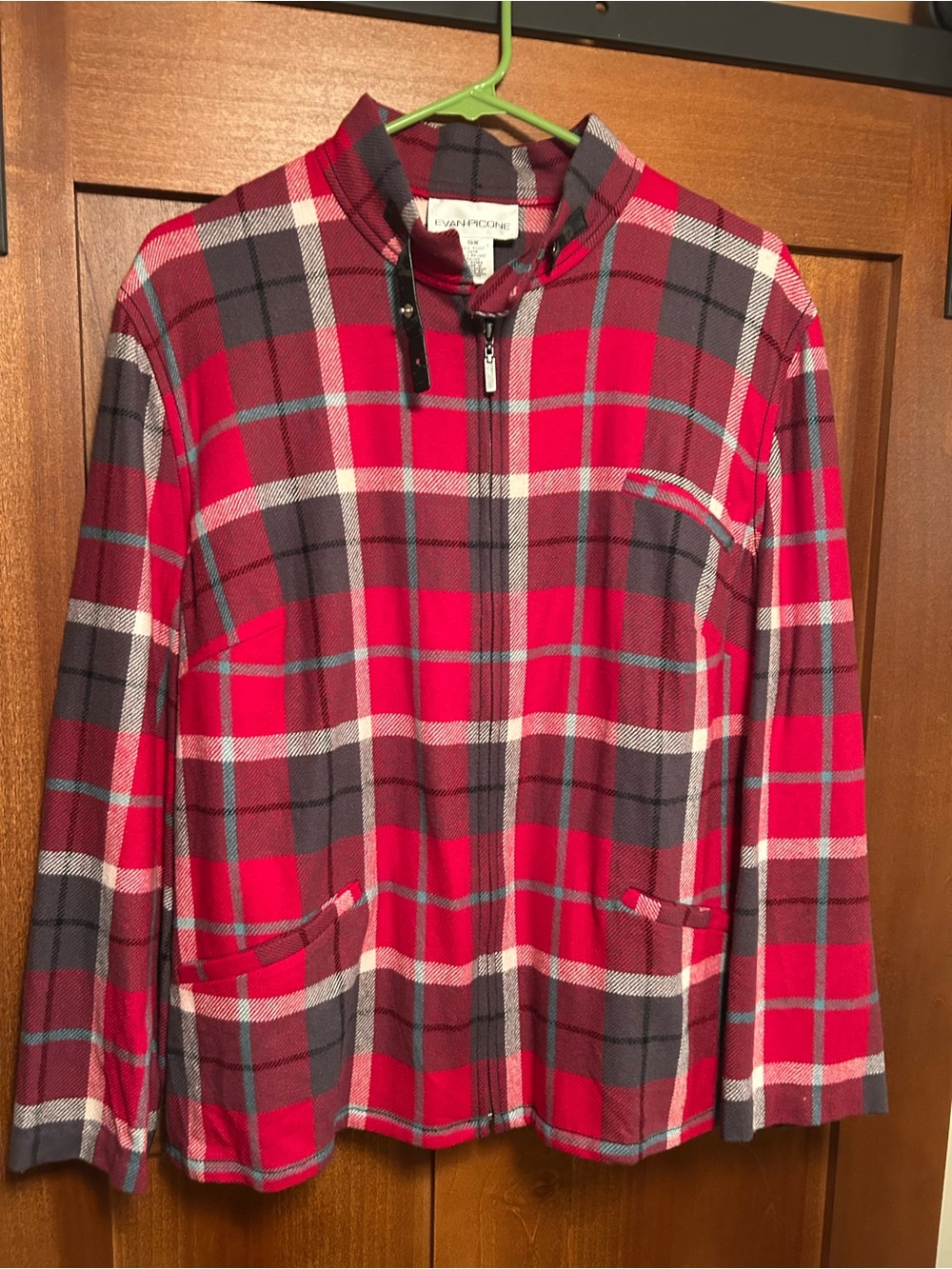 Evan Picone Red and Gray Plaid Zip-Front Jacket Wool Rayon Mix